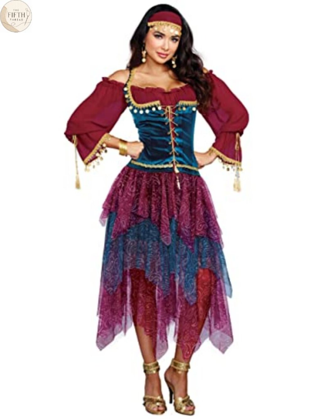 Gypsy Halloween Costume with Matching Head Wrap Gold Coin Trim